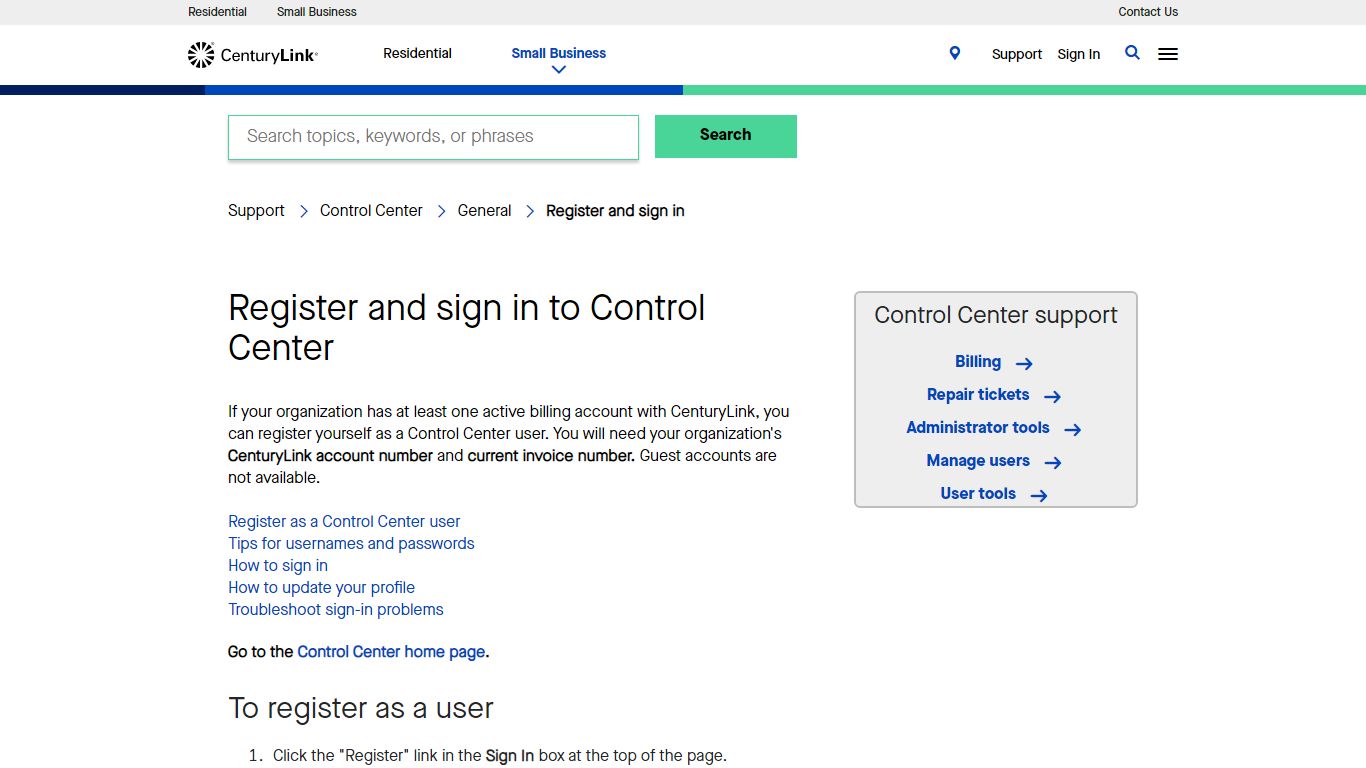 Register and sign in to Control Center - CenturyLink